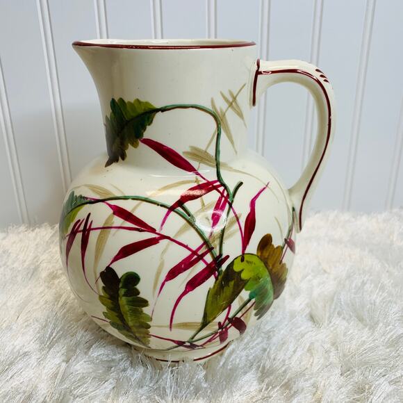 Handpainted Pitcher Vintage Green Red Leaves Tropical 8 x 6" - Picture 1 of 7